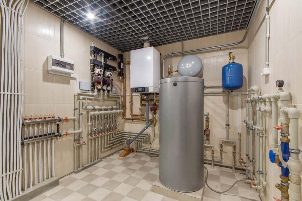 An entire indoor heating system with water heater and other pipes and readers in a tiled floored basement